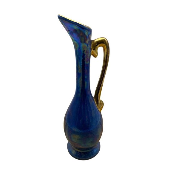 Vintage F.W. Woolworth Co. Iridescent Blue Gold Miniature Pitcher Jug Vase 7.25” - Picture 4 of 6